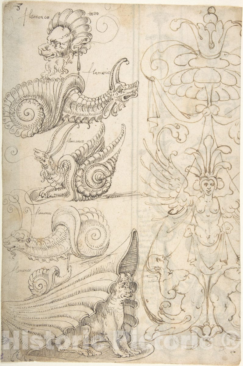 Art Print : Andrés de Melgar - Flemish Grotesque Creatures and a Candelabra Grotesque (Recto)