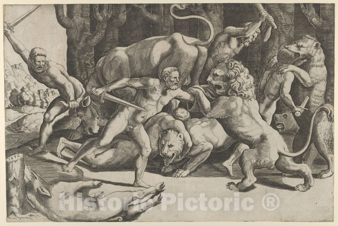 Art Print : Master of The Die - Five Men Fighting Beasts, at Lower Left is a Fallen Boar 2 : Vintage Wall Art