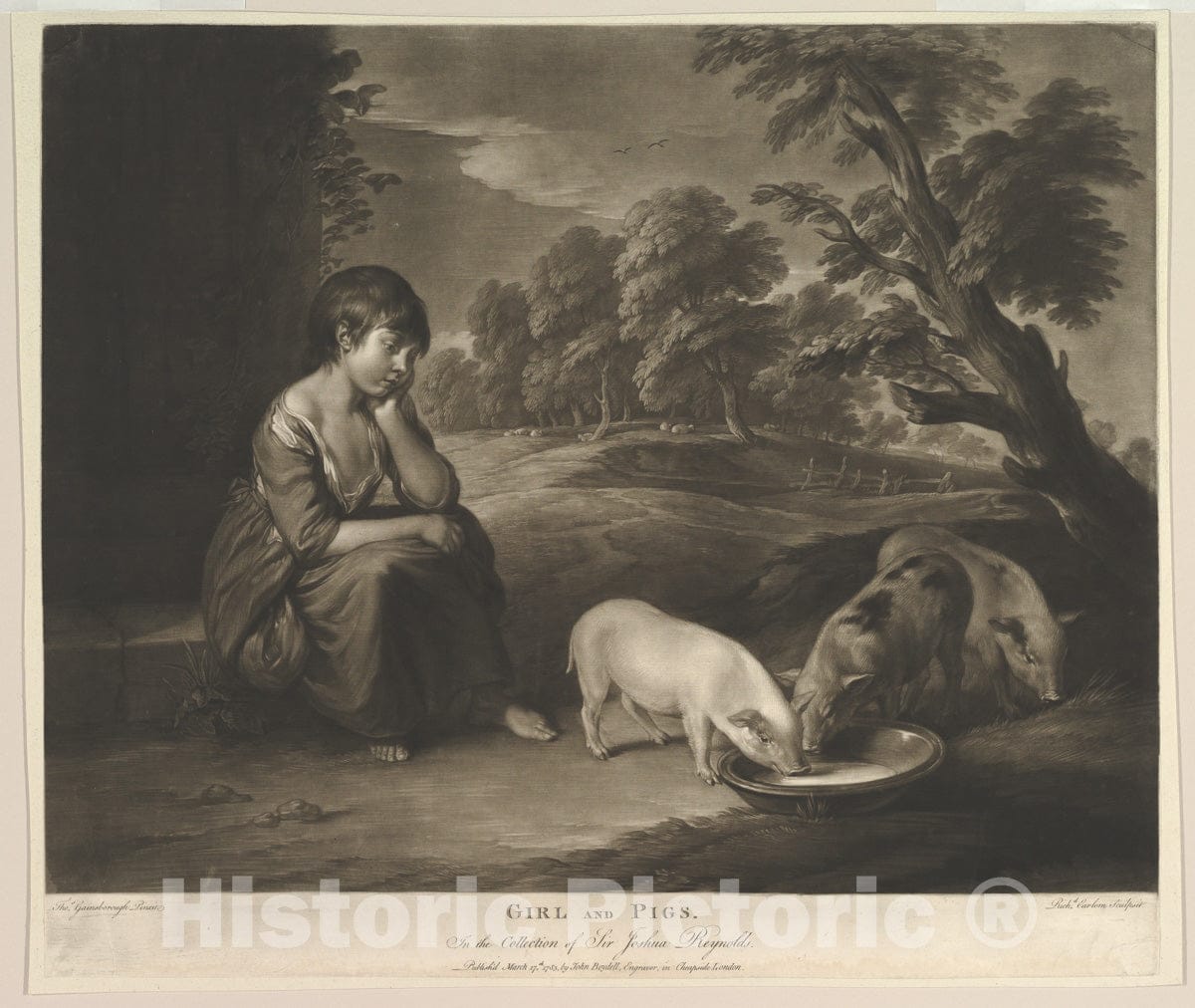 Art Print : Richard Earlom - Girl and Pigs : Vintage Wall Art
