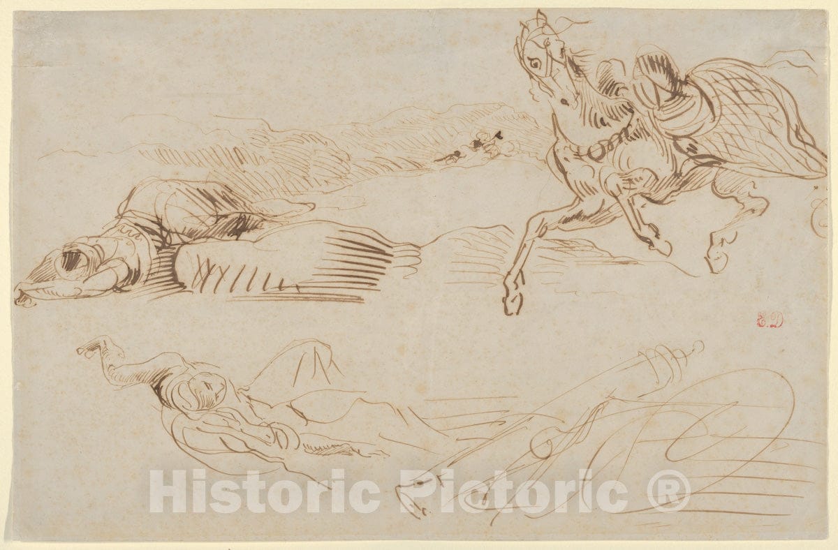 Art Print : Eugène Delacroix - Fallen Warriors and a Runaway Horse : Vintage Wall Art