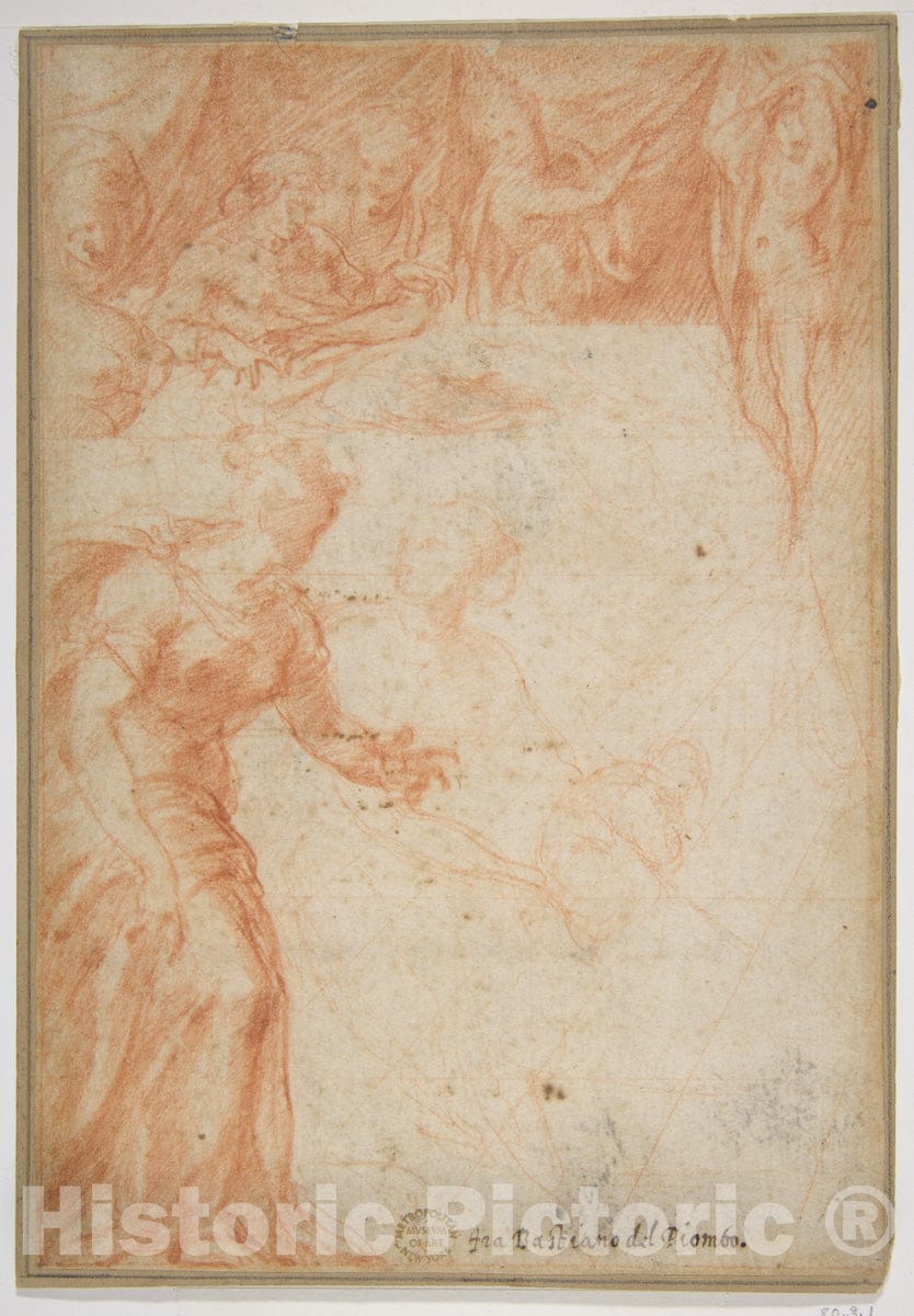 Art Print : Rosso Fiorentino - Figural Studies for a Scene (The Birth of The Virgin or Saint John The Baptist?) : Vintage Wall Art