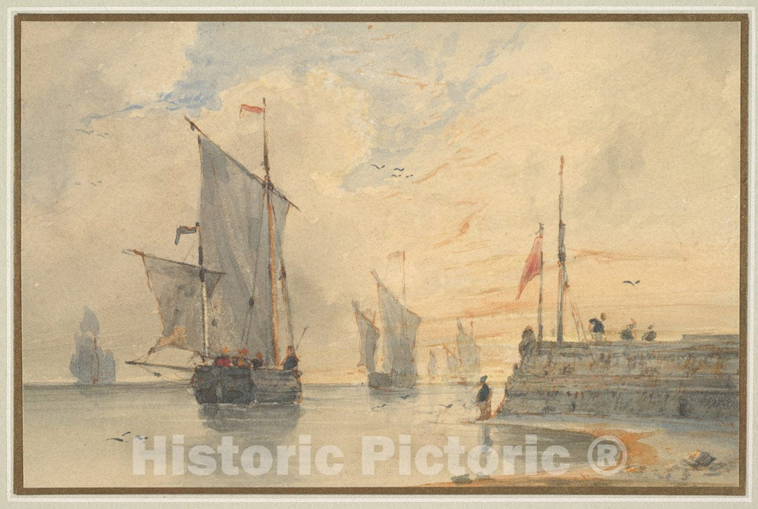 Art Print : Louis François Thomas Francia - Fishing Luggers (Chasse-marée) Making sail, Off Calais : Vintage Wall Art