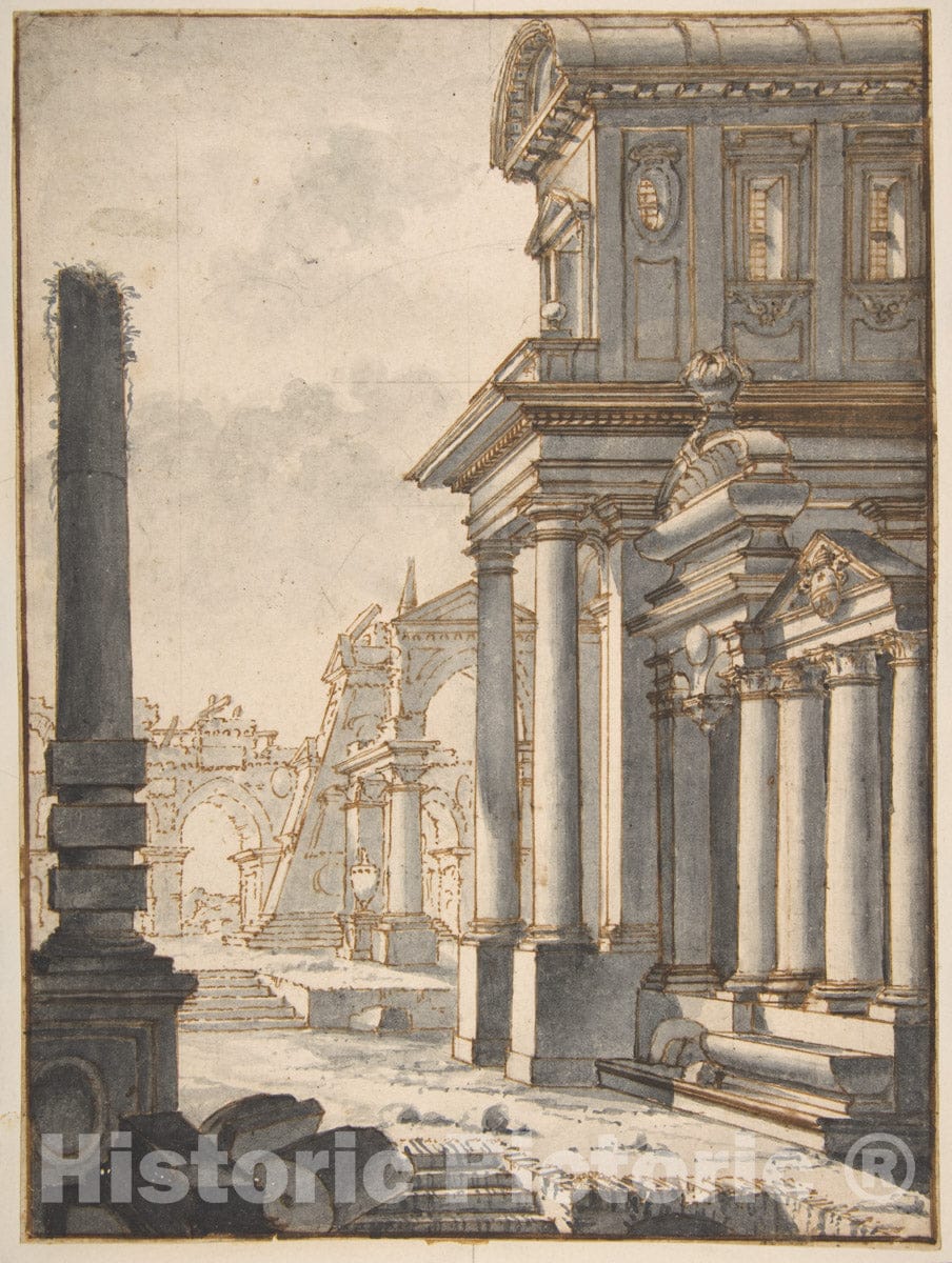 Art Print : Mauro Antonio Tesi - Facade and Ruins : Vintage Wall Art