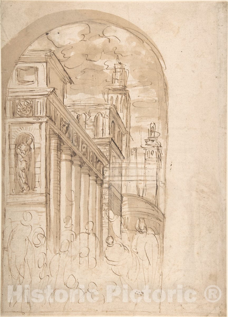 Art Print : Figures Gathered Before a Group of Buildings, One with a Colonnade - Artist: Italian, Roman-Bolognese, 17th Century - 17th Century : Vintage Wall Art