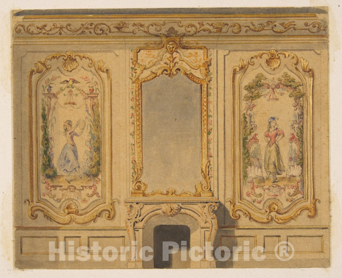 Art Print : Elevation of an Interior Wall ated with a Chimney Piece surmouted by a Mirror and flanked with Painted Panels - Artist: Lachaise - Created: 1830–97 : Vintage Wall Art
