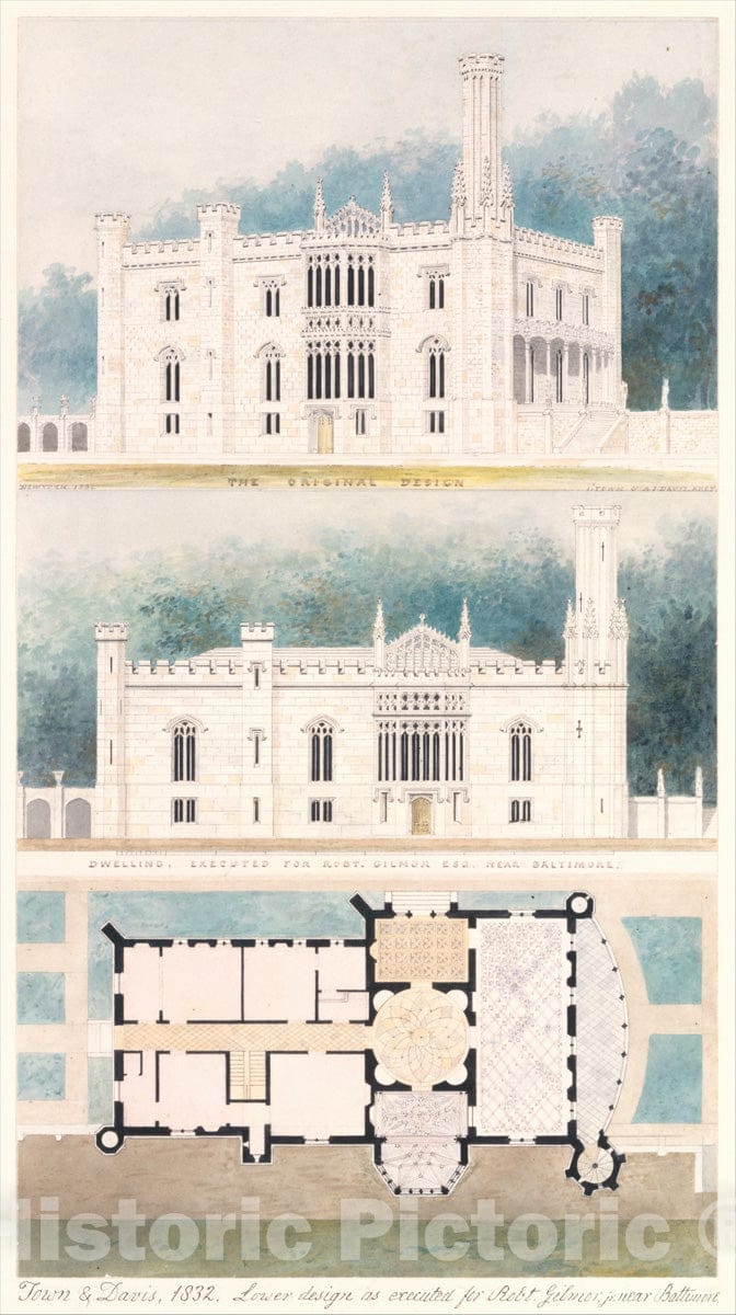 Art Print : Alexander Jackson Davis - Glen Ellen for Robert Gilmor, Towson, Maryland (Perspective, Elevation, and Plan) : Vintage Wall Art