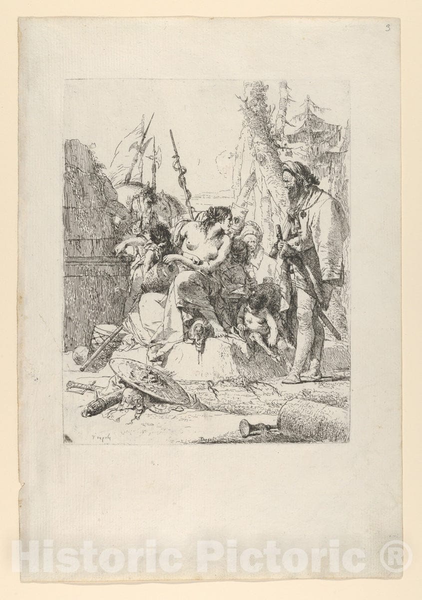 Art Print : Giovanni Battista Tiepolo - Half-Dressed Nymph with Two Children, Surrounded by Four Men, from The Scherzi : Vintage Wall Art
