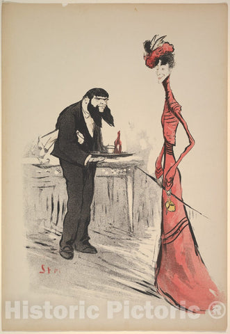 Art Print : Georges Goursat Sem - A Woman in Red and a Waiter with a Forked Beard : Vintage Wall Art