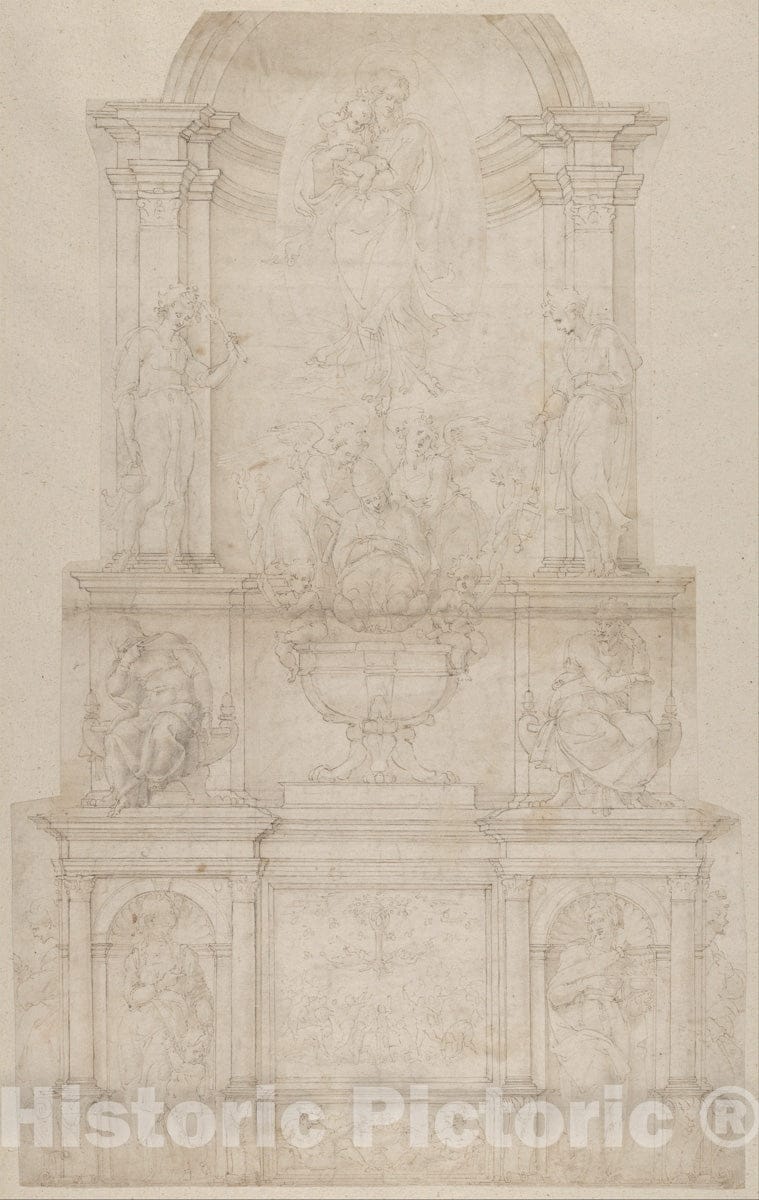 Art Print : Michelangelo Buonarroti - Design for The Tomb of Pope Julius II Della Rovere : Vintage Wall Art