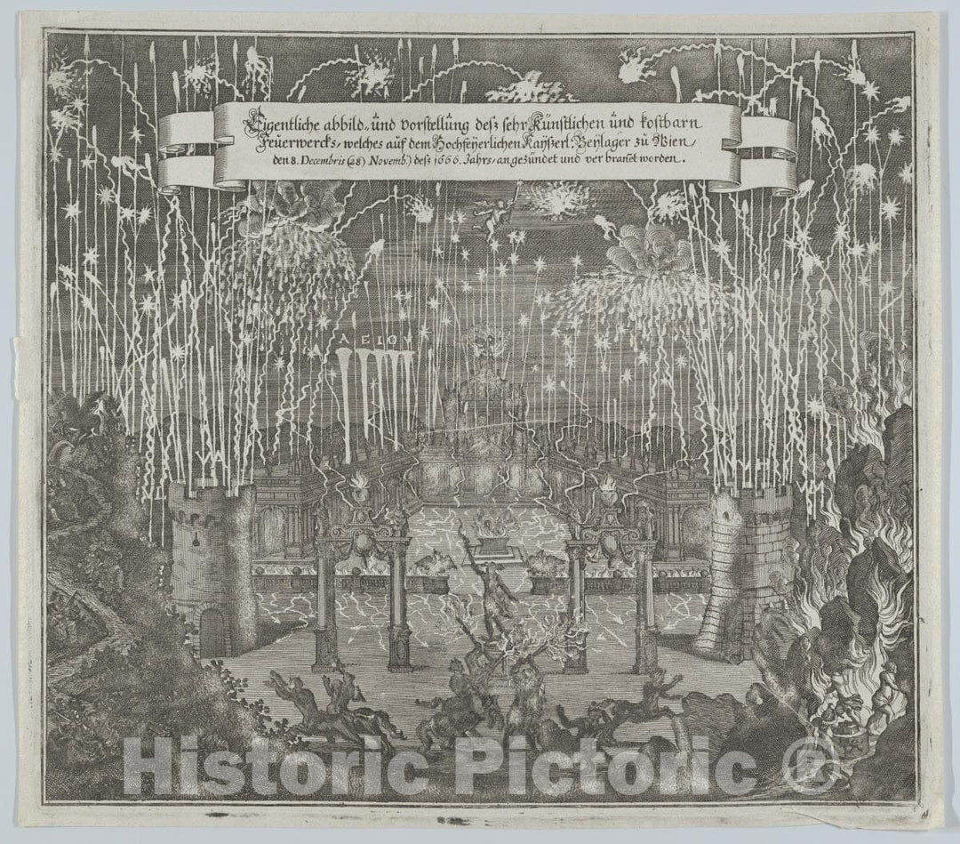 Art Print : Melchior Küsel - Fireworks Celebrating The Marriage of Emperor Leopold I and Margarita, Vienna 1666 1 : Vintage Wall Art