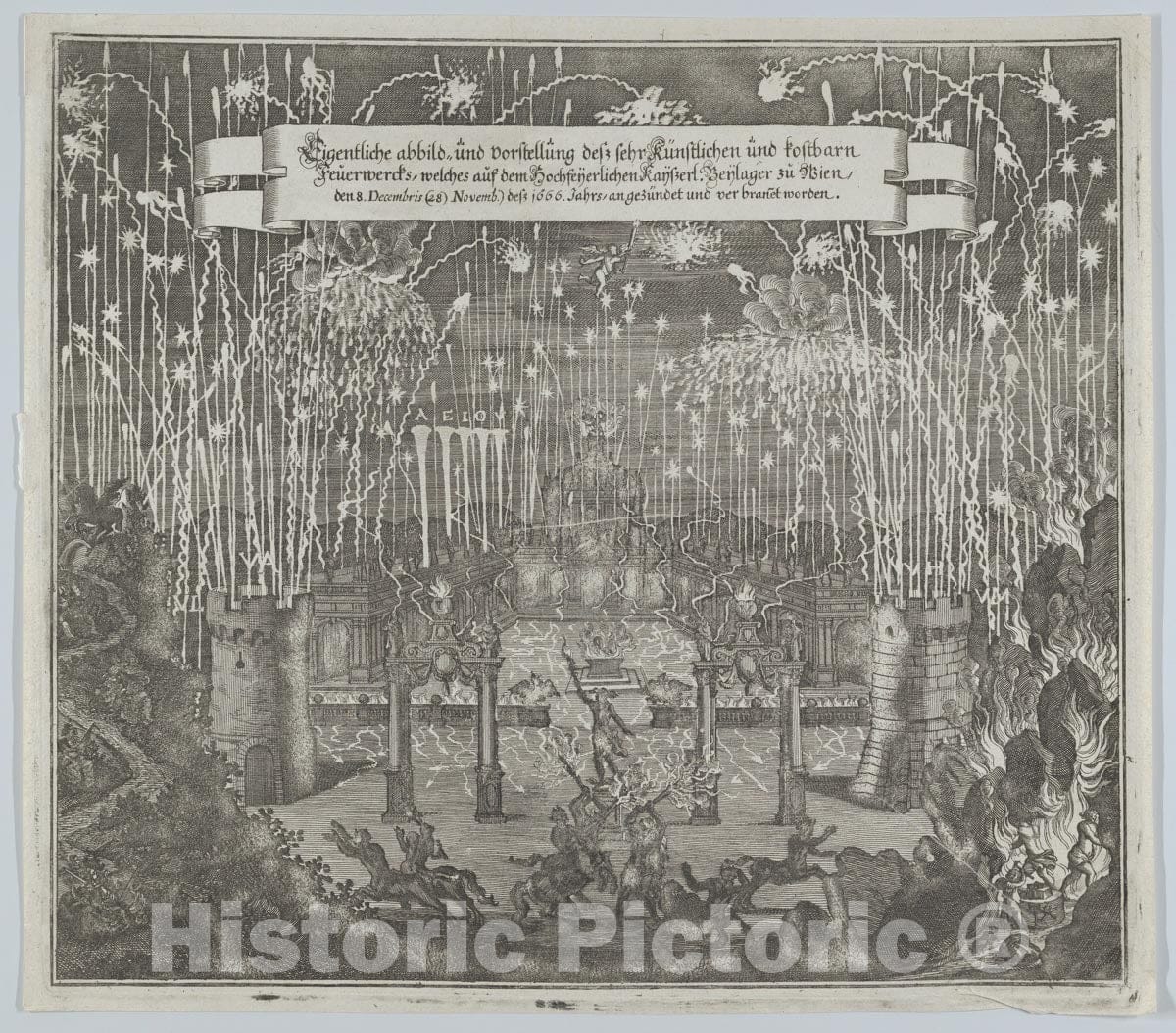Art Print : Melchior Küsel - Fireworks Celebrating The Marriage of Emperor Leopold I and Margarita, Vienna 1666 1 : Vintage Wall Art