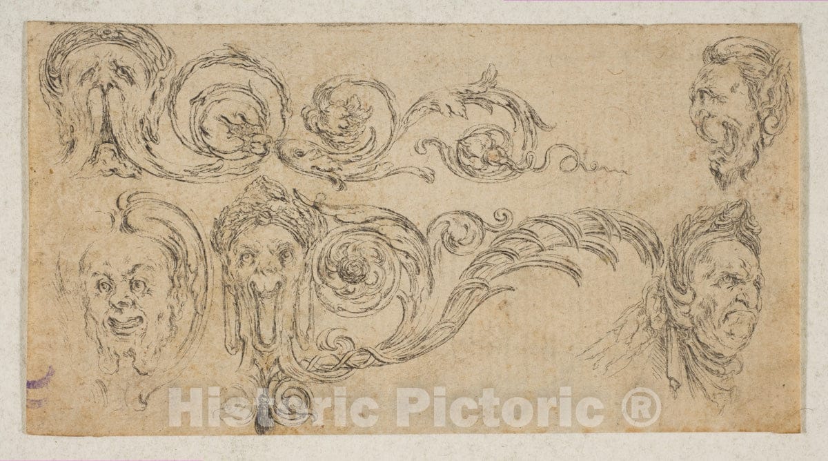 Art Print : Stefano Della Bella - Plate 4: Five Grotesque Heads, from ...