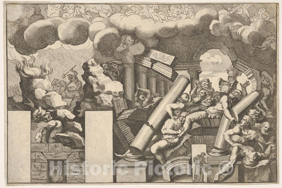 Art Print : Giants Crushed by Rocks and The Falling Columns of The Temple - Artist: Pietro Santi Bartoli - Created: c1680 : Vintage Wall Art