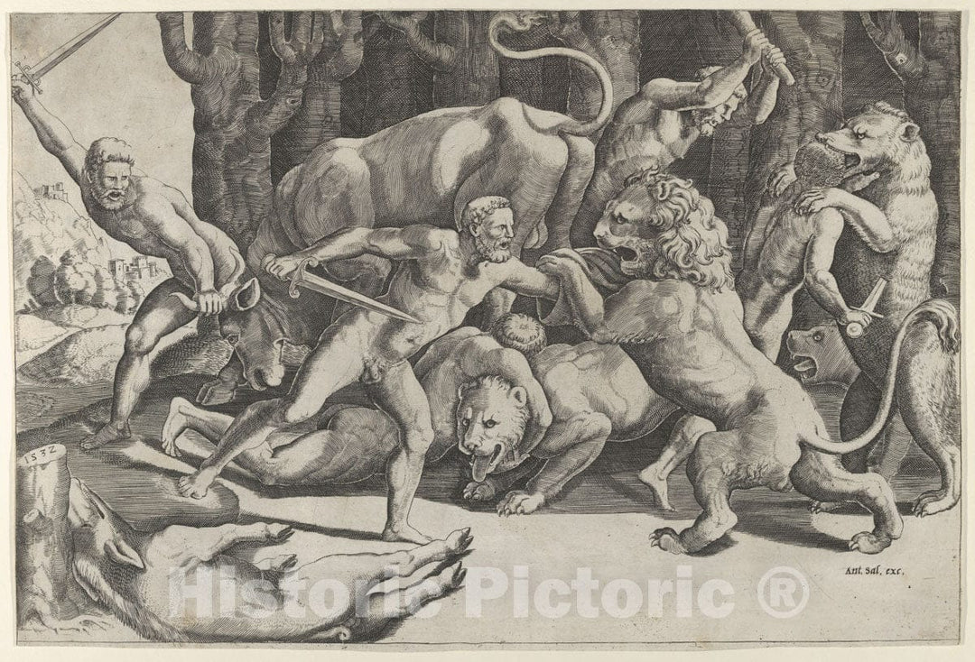 Art Print : Master of The Die - Five Men Fighting Beasts, at Lower Left is a Fallen Boar 1 : Vintage Wall Art