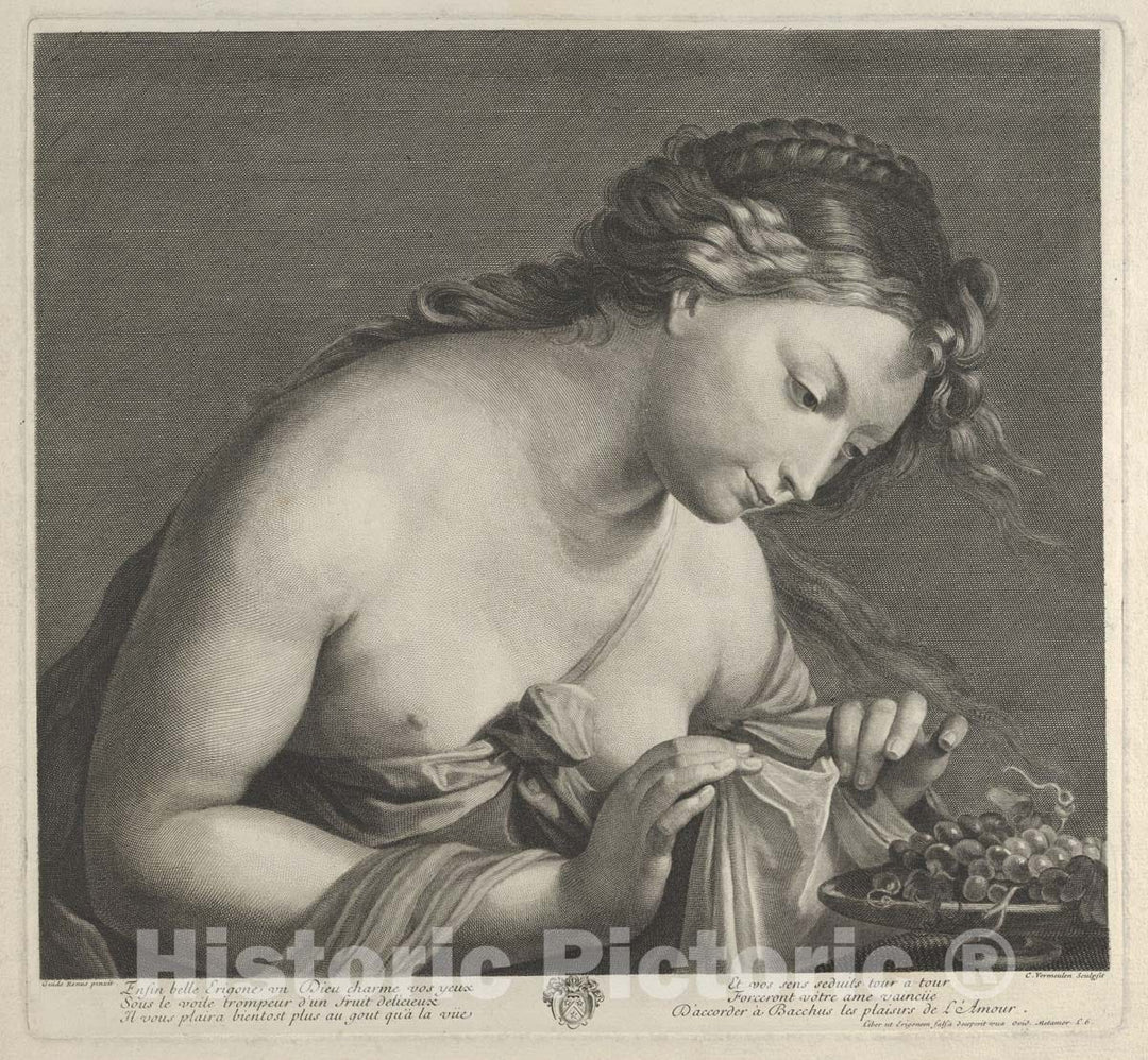 Art Print : Engraved by Cornelius Vermeulen - Erigone Leaning Over a Platter of Grapes and Lifting a Piece of Cloth with Both Hands, After Reni : Vintage Wall Art
