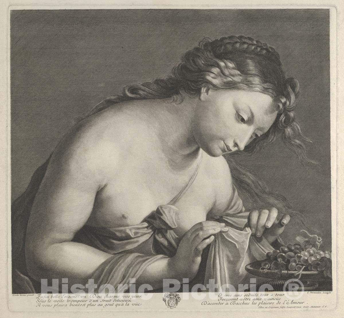 Art Print : Engraved by Cornelius Vermeulen - Erigone Leaning Over a Platter of Grapes and Lifting a Piece of Cloth with Both Hands, After Reni : Vintage Wall Art