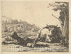 Art Print : Karel Dujardin - Cow, Adult Sheep, and Young Sheep Lying in The Grass; Beyond, a Shepherd Stands Partially Behind a Tree : Vintage Wall Art