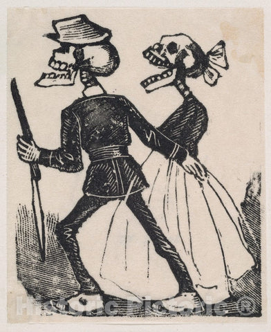 Art Print : A Male Skeleton Leading a Female Skeleton to The Left - Artist: Jose Guadalupe Posada - Created: c1880 : Vintage Wall Art