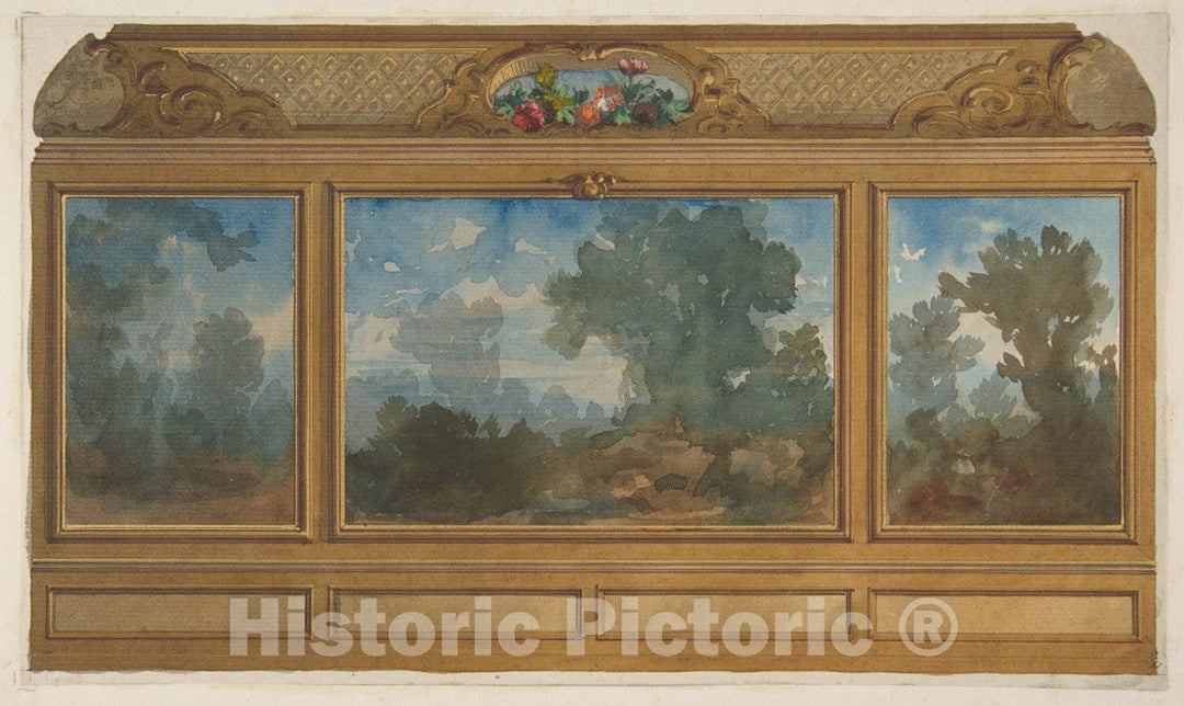 Art Print : Jules-Edmond-Charles Lachaise - Elevation of a Paneled Interior Decorated with Painted Landscapes and coves with Cartouches and Flowers : Vintage Wall Art