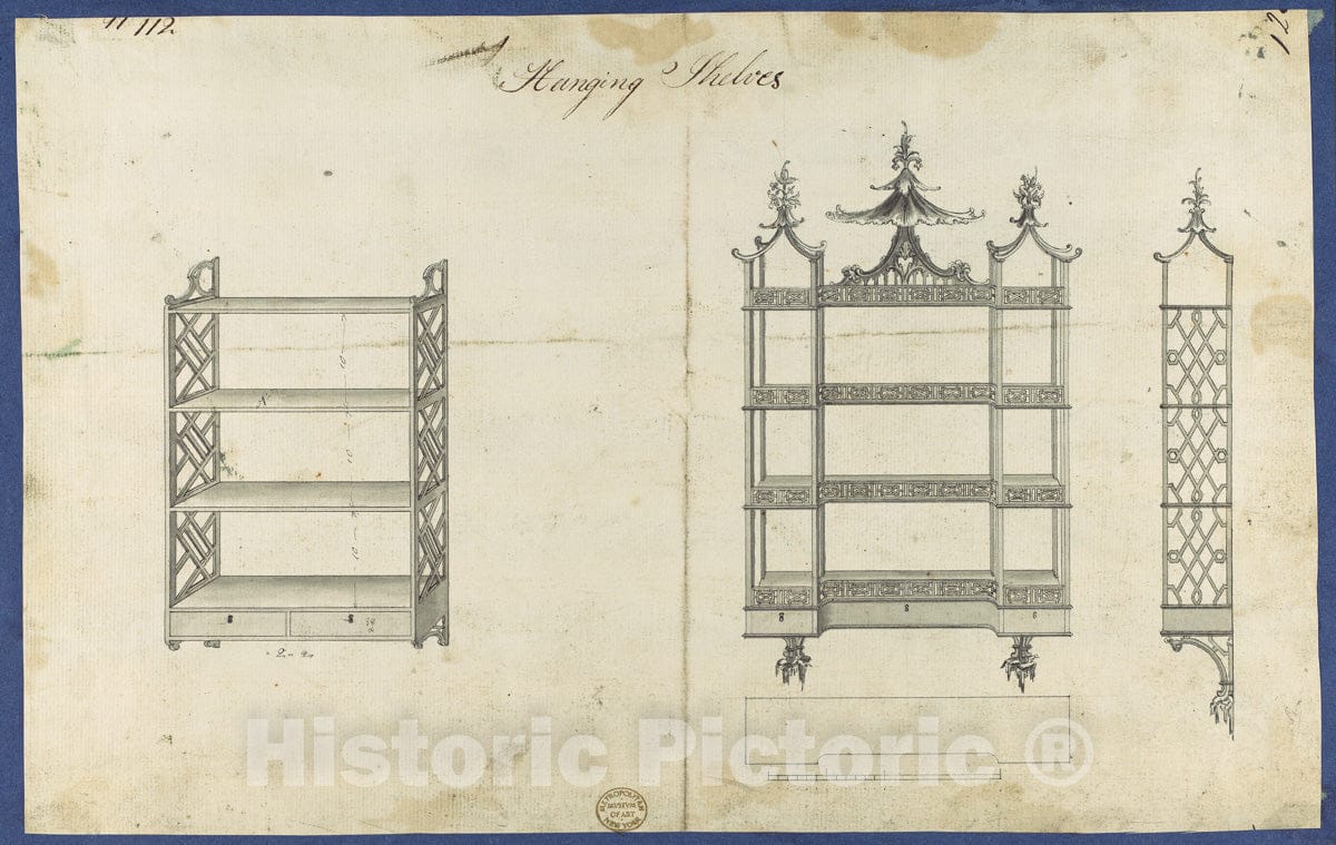 Art Print : Thomas Chippendale - Hanging Shelves, from Chippendale Drawings, Vol. II 2 : Vintage Wall Art