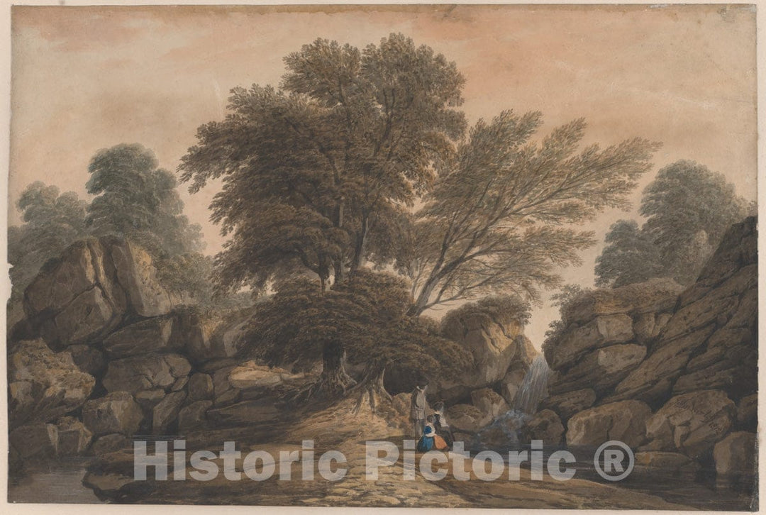 Art Print : John Varley - Figures Beside a Waterfall and Pool in a Wooded Landscape : Vintage Wall Art
