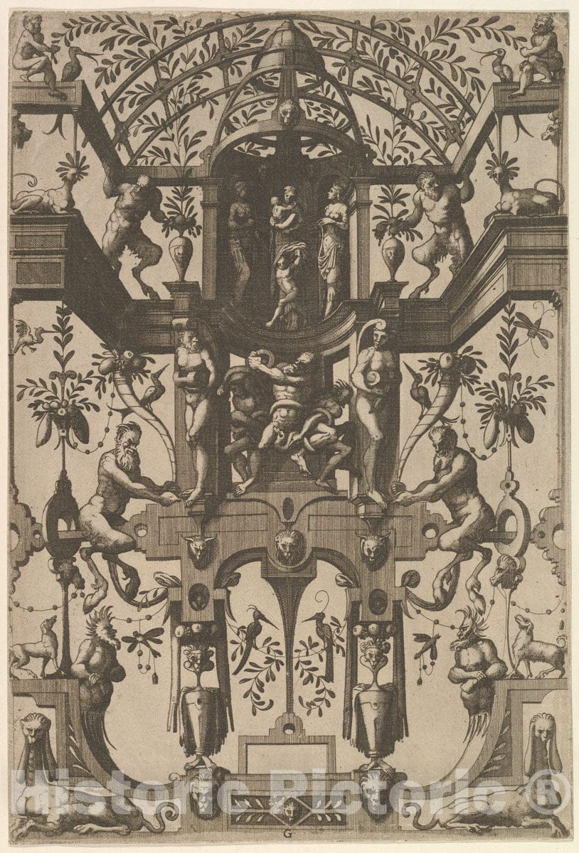Art Print : Surface Decoration, Grotesque with Strapwork - Artist: Johannes Van Doetecum The Elder - Created: 1556 2 : Vintage Wall Art