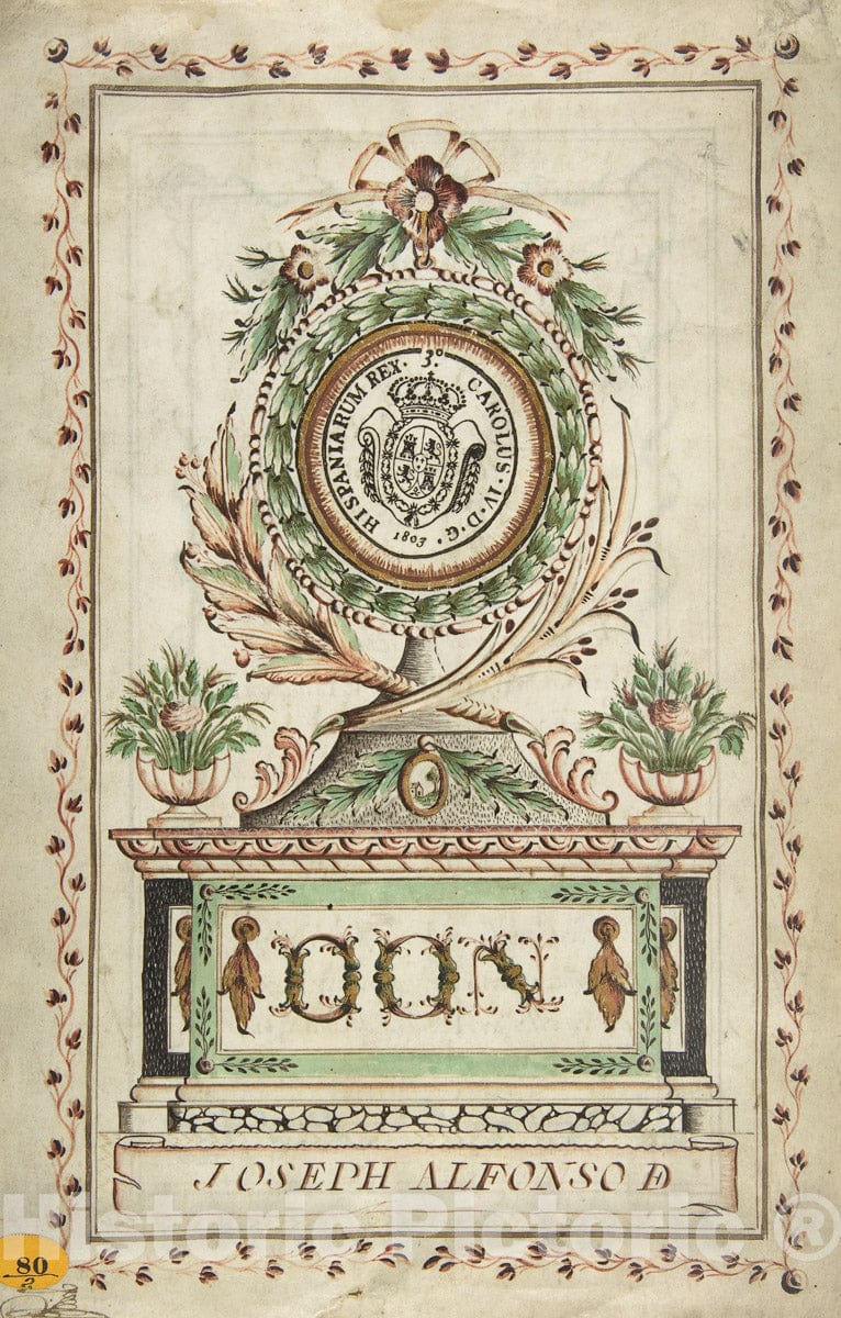 Art Print : Frontispiece with Vegetal Medallion and Latin Dedication Surrounding a Coat of Arms - Artist: Spanish, 18th Century - 18th Century : Vintage Wall Art