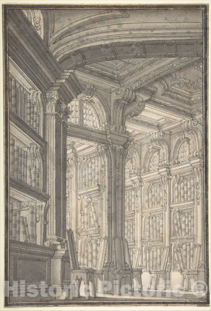 Art Print : Carlo Galli Bibiena - Foreshortening of a Library : Vintage Wall Art