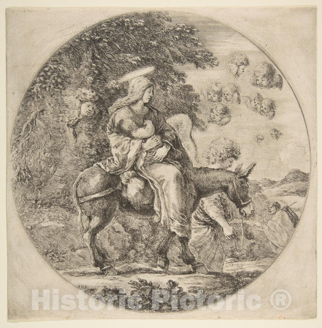 Art Print : Etched by Stefano Della Bella - Flight into Egypt, a Round Composition : Vintage Wall Art