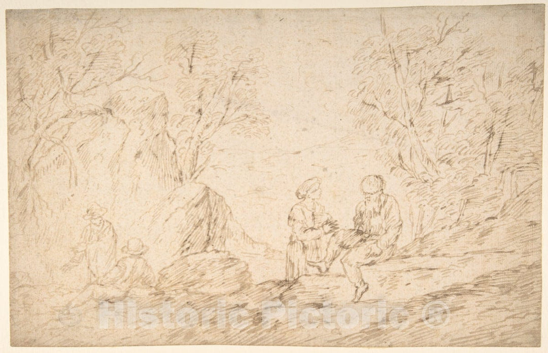 Art Print : Antonio del Castillo y Saavedra - Four Figures Conversing in a Landscape : Vintage Wall Art