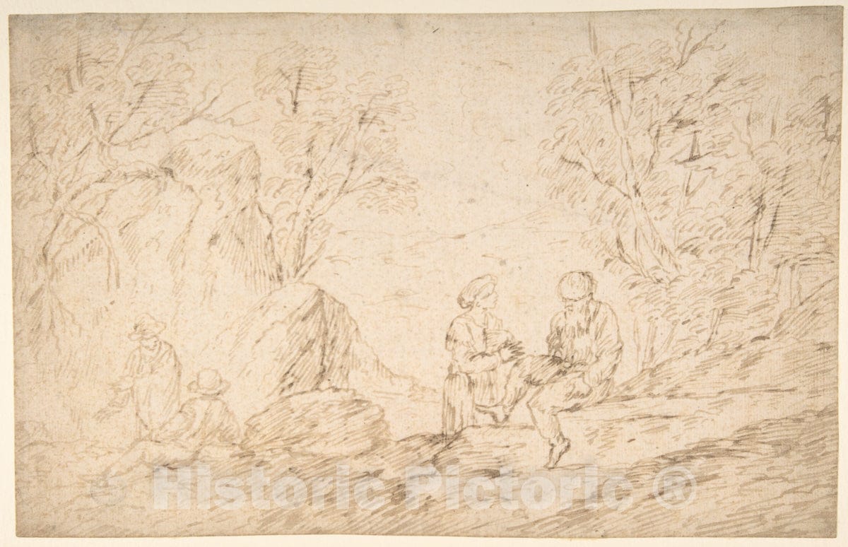 Art Print : Antonio del Castillo y Saavedra - Four Figures Conversing in a Landscape : Vintage Wall Art