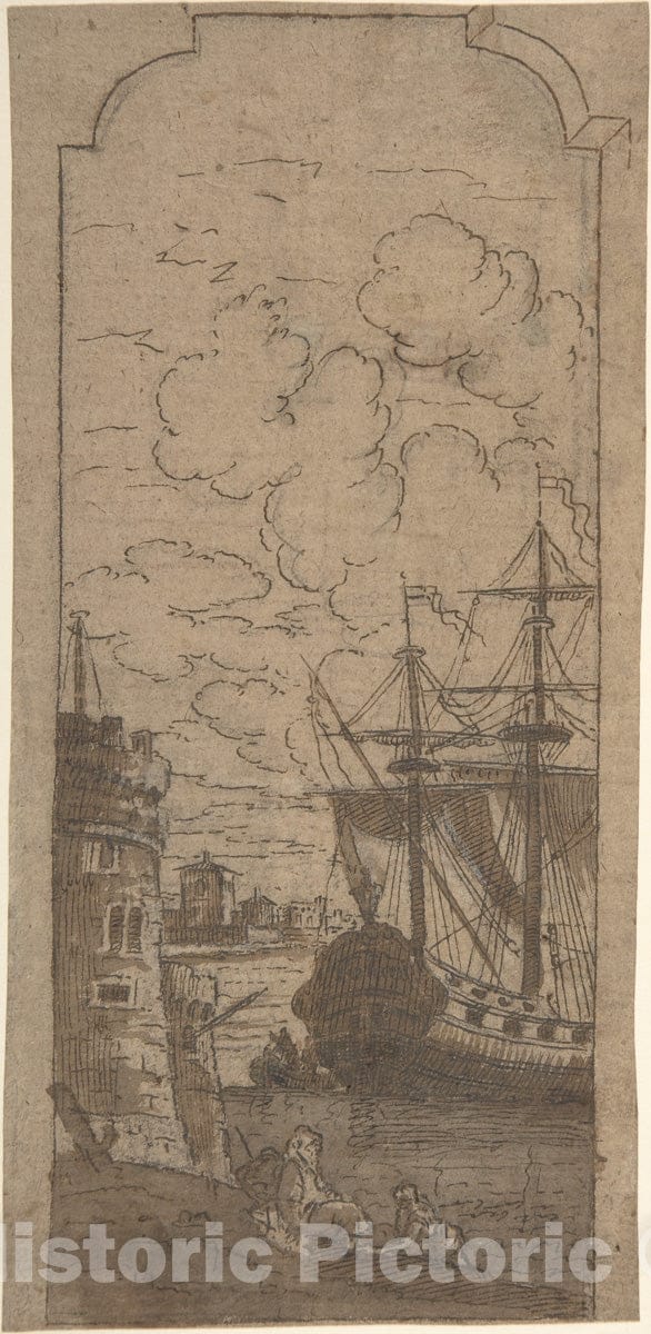 Art Print : Dominique Barrière - Framed Port Scene with Two Figures : Vintage Wall Art