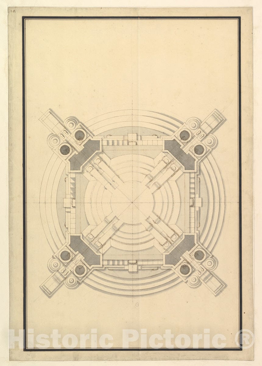 Art Print : Workshop of Giuseppe Galli Bibiena - Ground Plan for a Catafalque for Frederick Augustus I, King of Poland and Elector of Saxony (1694-1733) : Vintage Wall Art