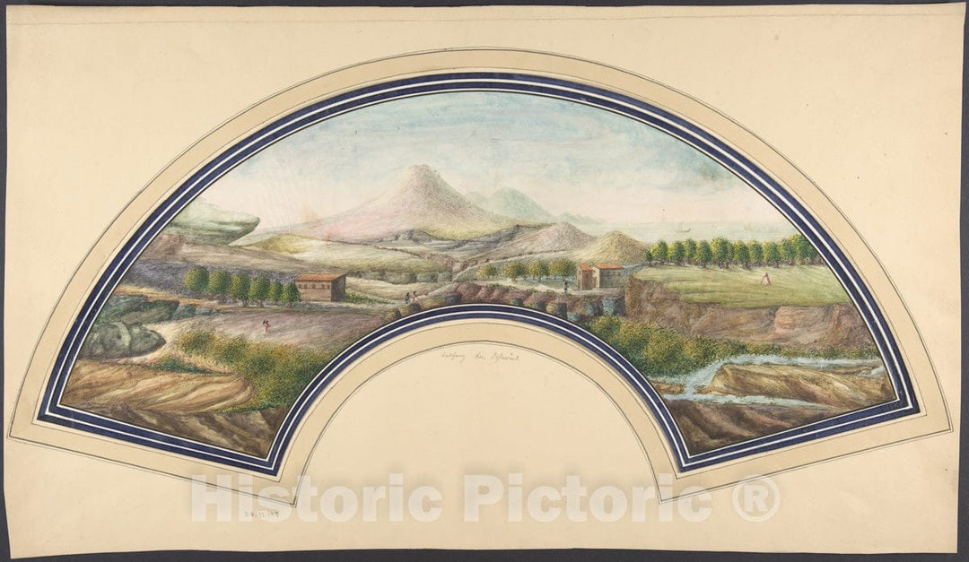 Art Print : 19th Century - Fan Design with Mount Vesuvius : Vintage Wall Art