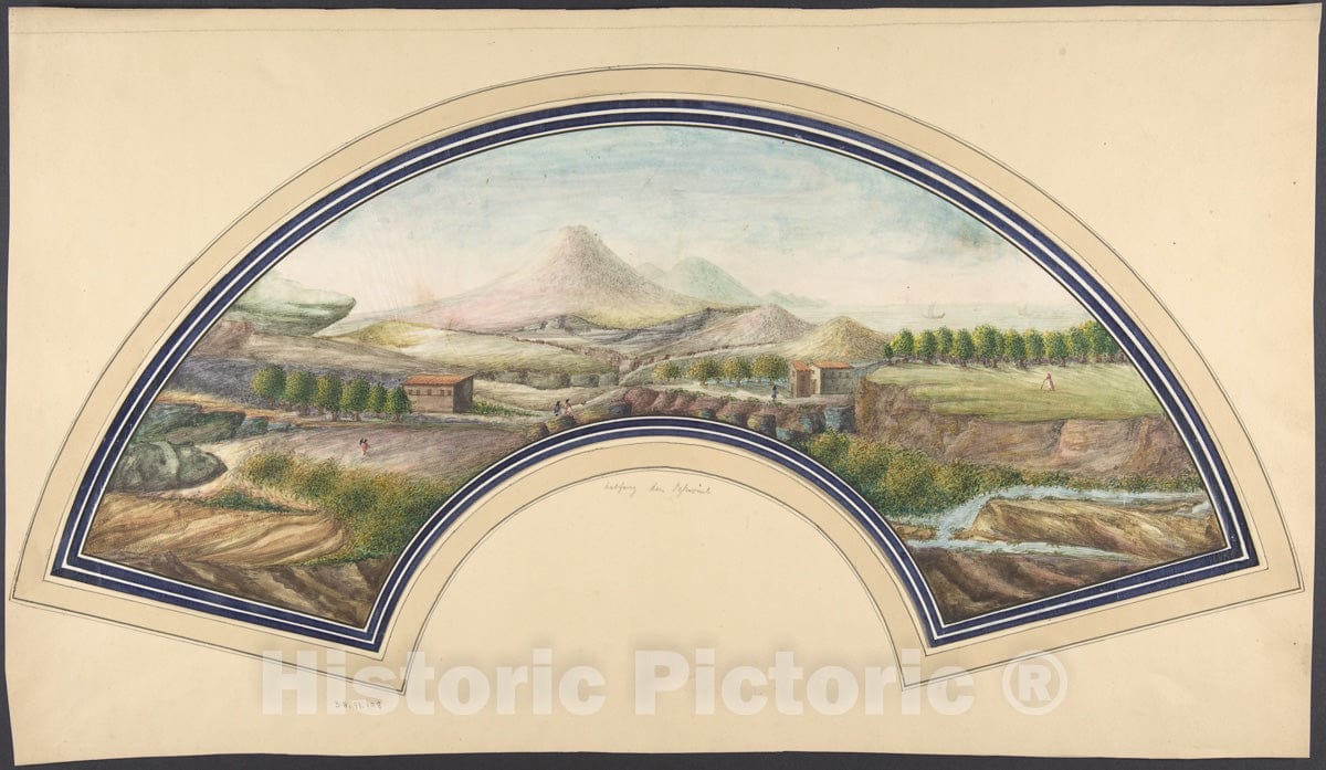 Art Print : 19th Century - Fan Design with Mount Vesuvius : Vintage Wall Art
