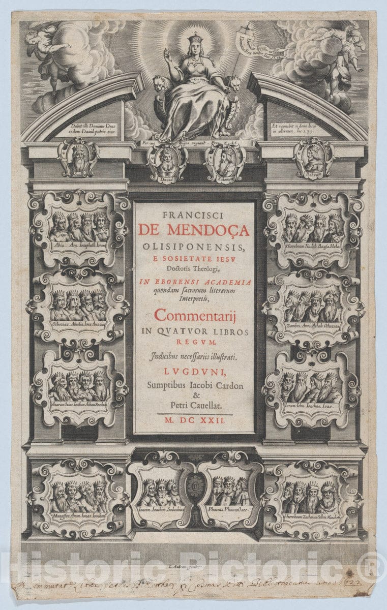 Art Print : Charles Audran - Frontispiece for Commentarij in Quator Libros Regum by F. de Monoça : Vintage Wall Art