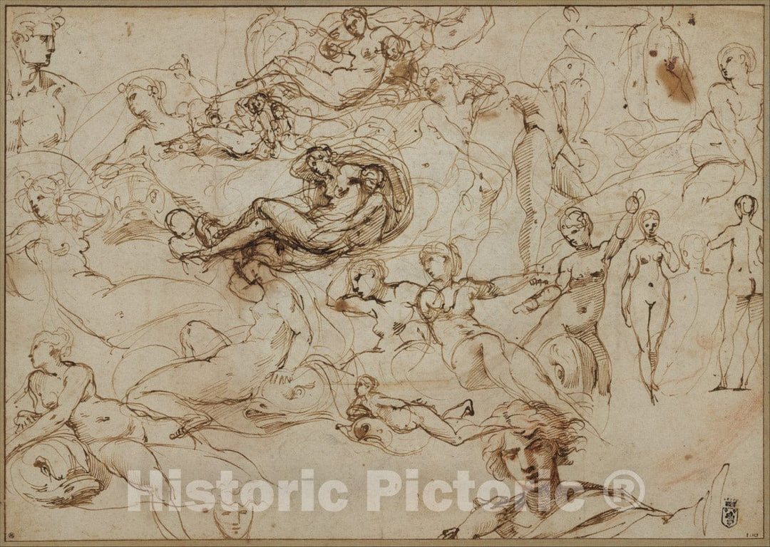 Art Print : Agostino Carracci - Figure Studies for Various Female and Male Figures (Recto)