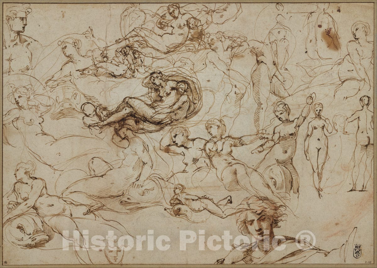 Art Print : Agostino Carracci - Figure Studies for Various Female and Male Figures (Recto)