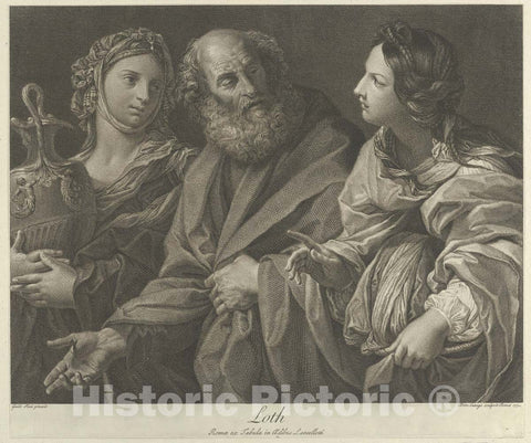 Art Print : Engraved by Domenico Cunego - Lot flanked by his Two Daughters, one of Them Holding a Decorated jug, After Reni : Vintage Wall Art