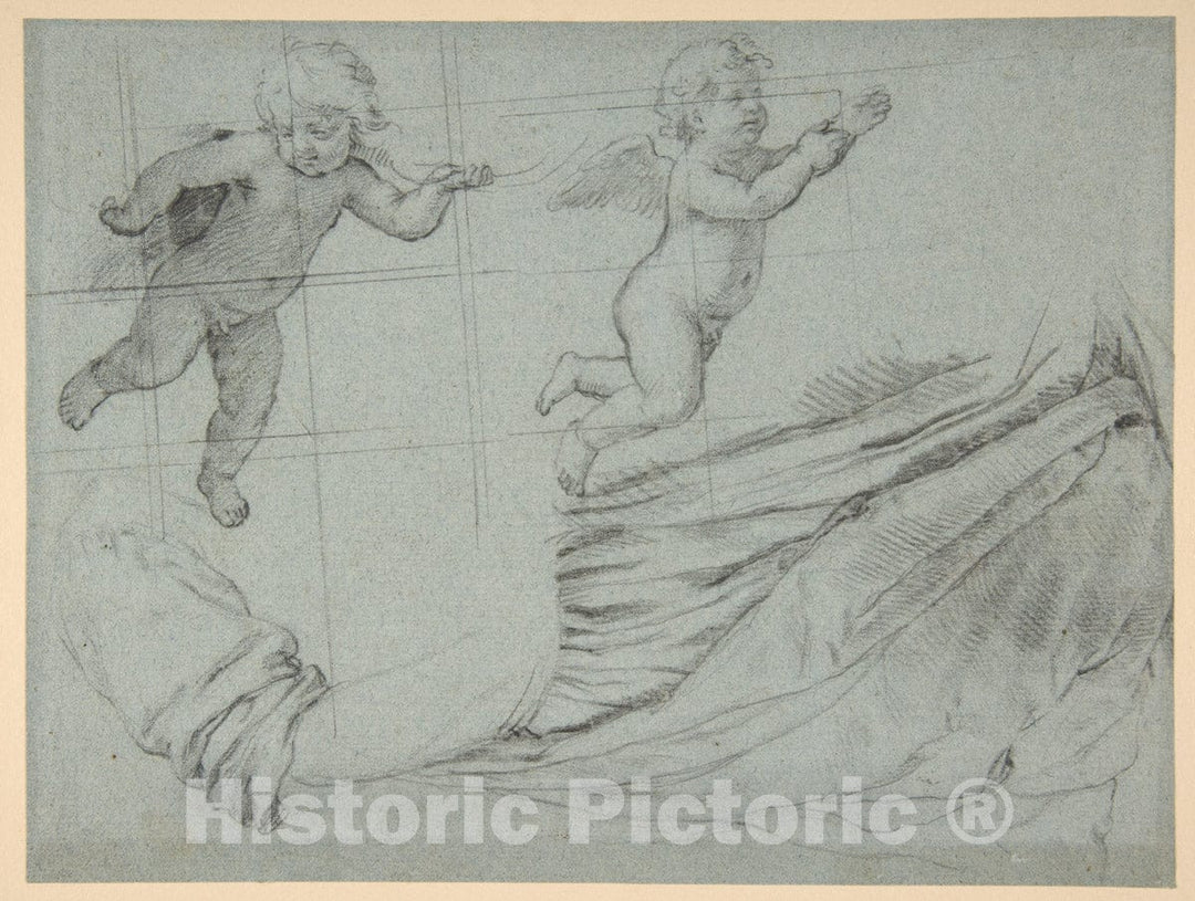 Art Print : Studies of Two Flying Putti and of Drapery (recto); Seated Virgin and Child, and Kneeling Child : Vintage Wall Art