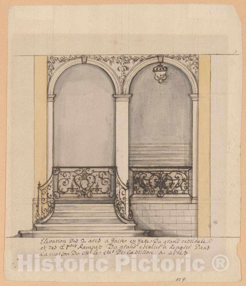 Art Print : French, 18th Century - Elevation for a Stairway and a Second en Suite Drawing (unmatted): Design for Ironwork Balustrade : Vintage Wall Art