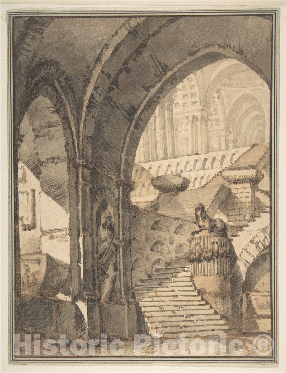 Art Print : Mauro Berti - Framed Design for a Stage Set with Arches, Stairs, Human Figure and Sphinx Statue. : Vintage Wall Art