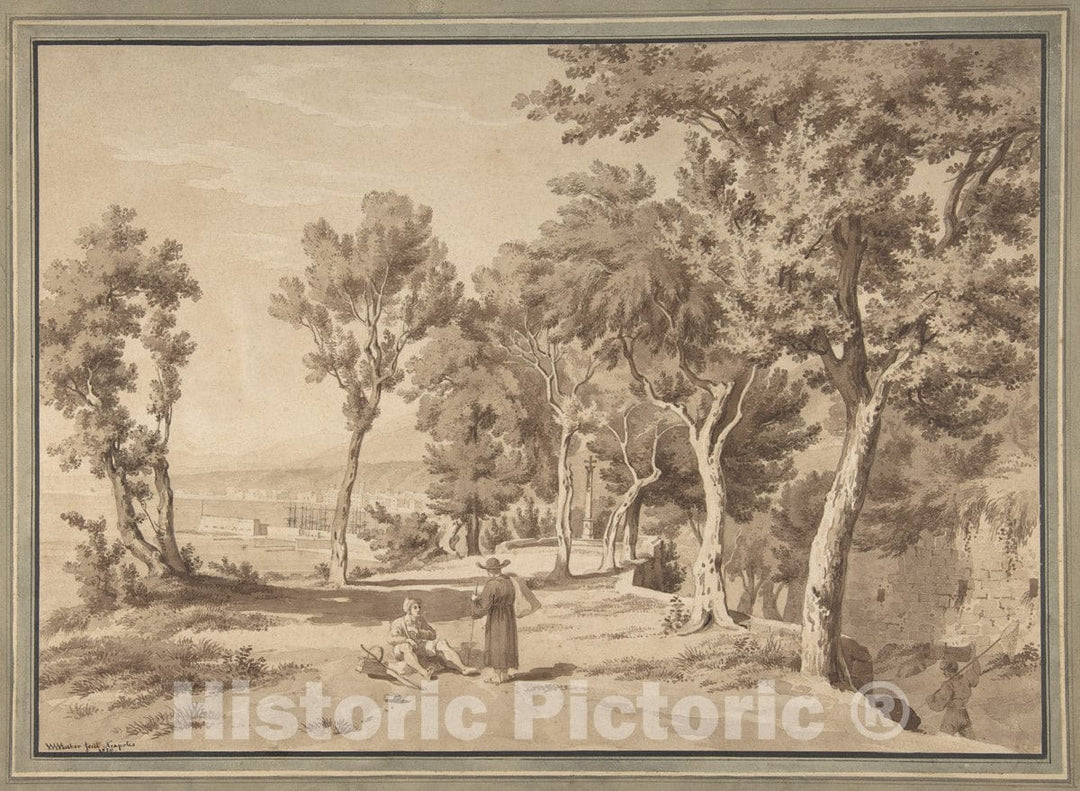 Art Print : Jakob Wilhelm Huber - Figures in a Grove Above The Bay of Naples : Vintage Wall Art