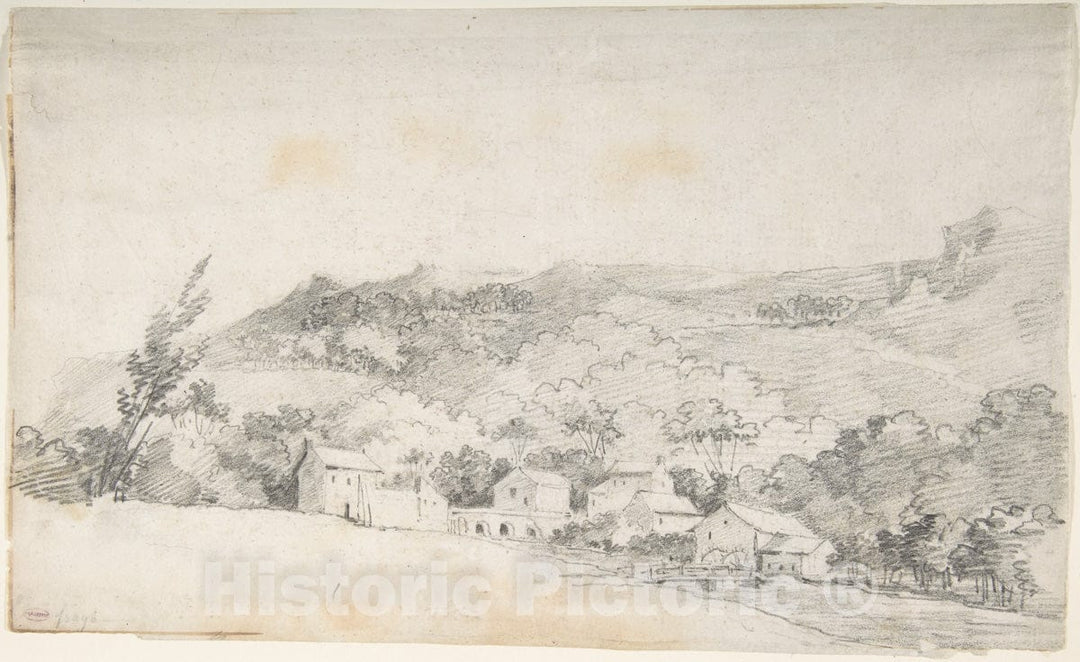 Art Print : Jean Honoré Fragonard - Farm Buildings with Water Mill : Vintage Wall Art