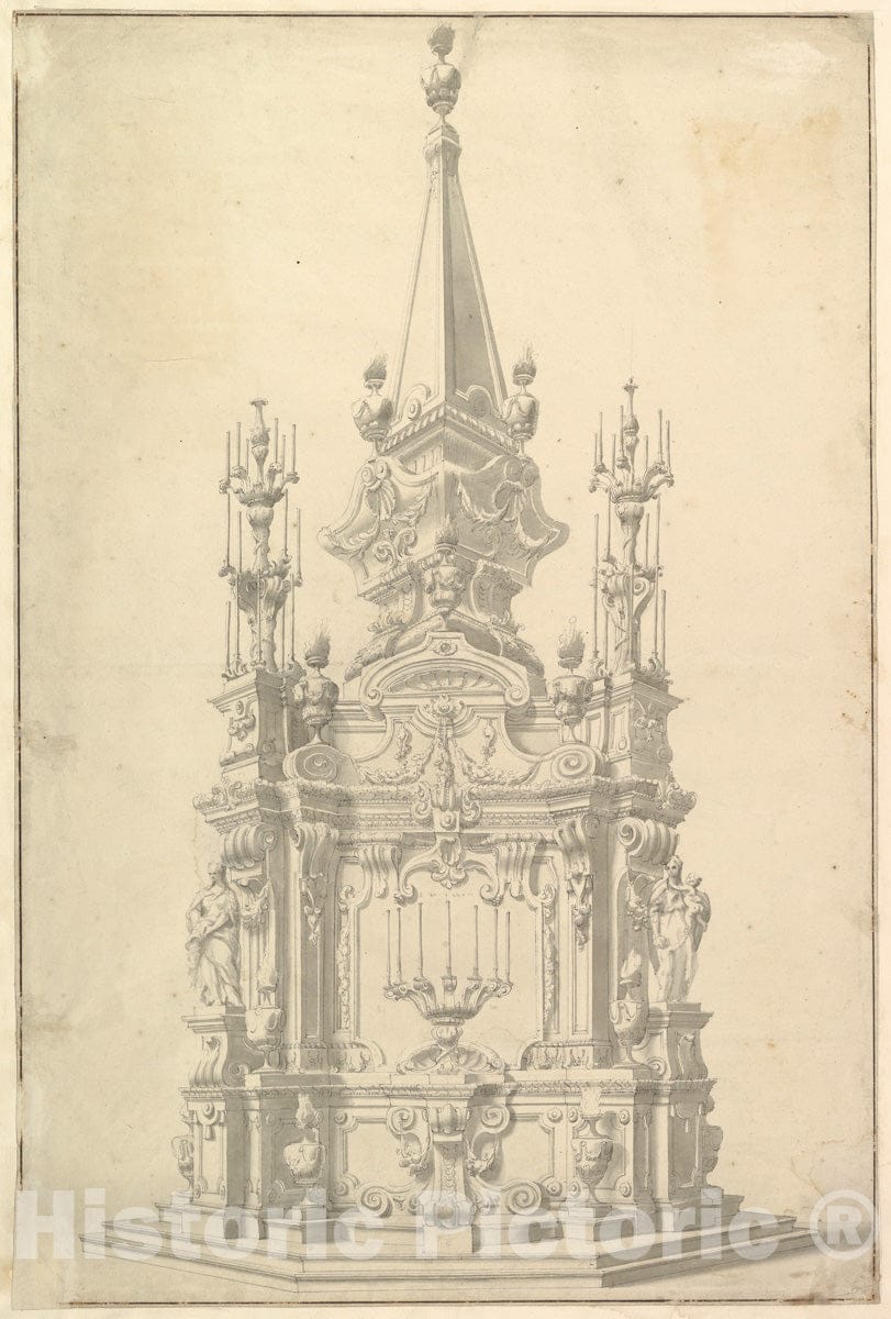 Art Print : Workshop of Giuseppe Galli Bibiena - Elevation for a Catafalque Surmounted by an Obelisk. : Vintage Wall Art