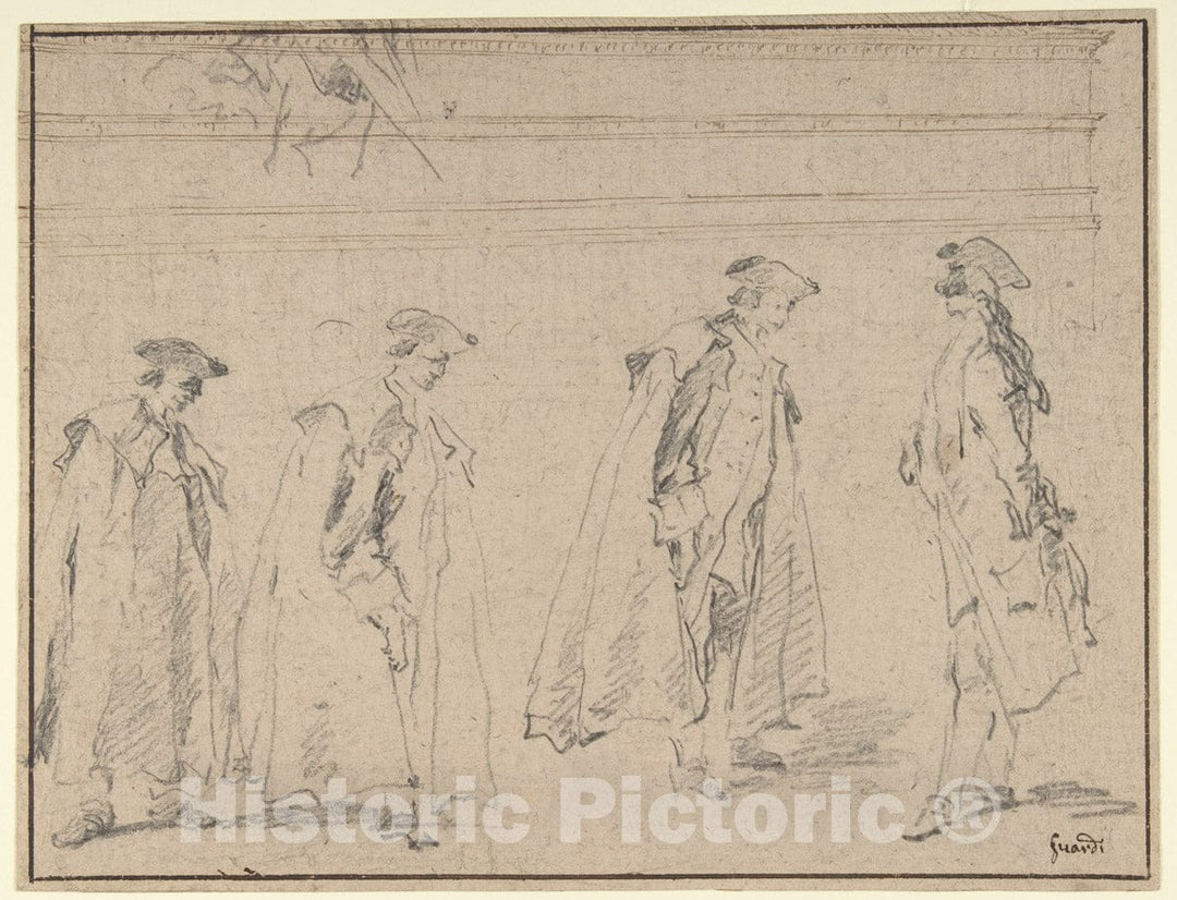 Art Print : Francesco Guardi - Figure Studies (Recto); Figures Along a Canal and on a Bridge; to The Right, a Curtain and a Stool (?) (Verso) : Vintage Wall Art