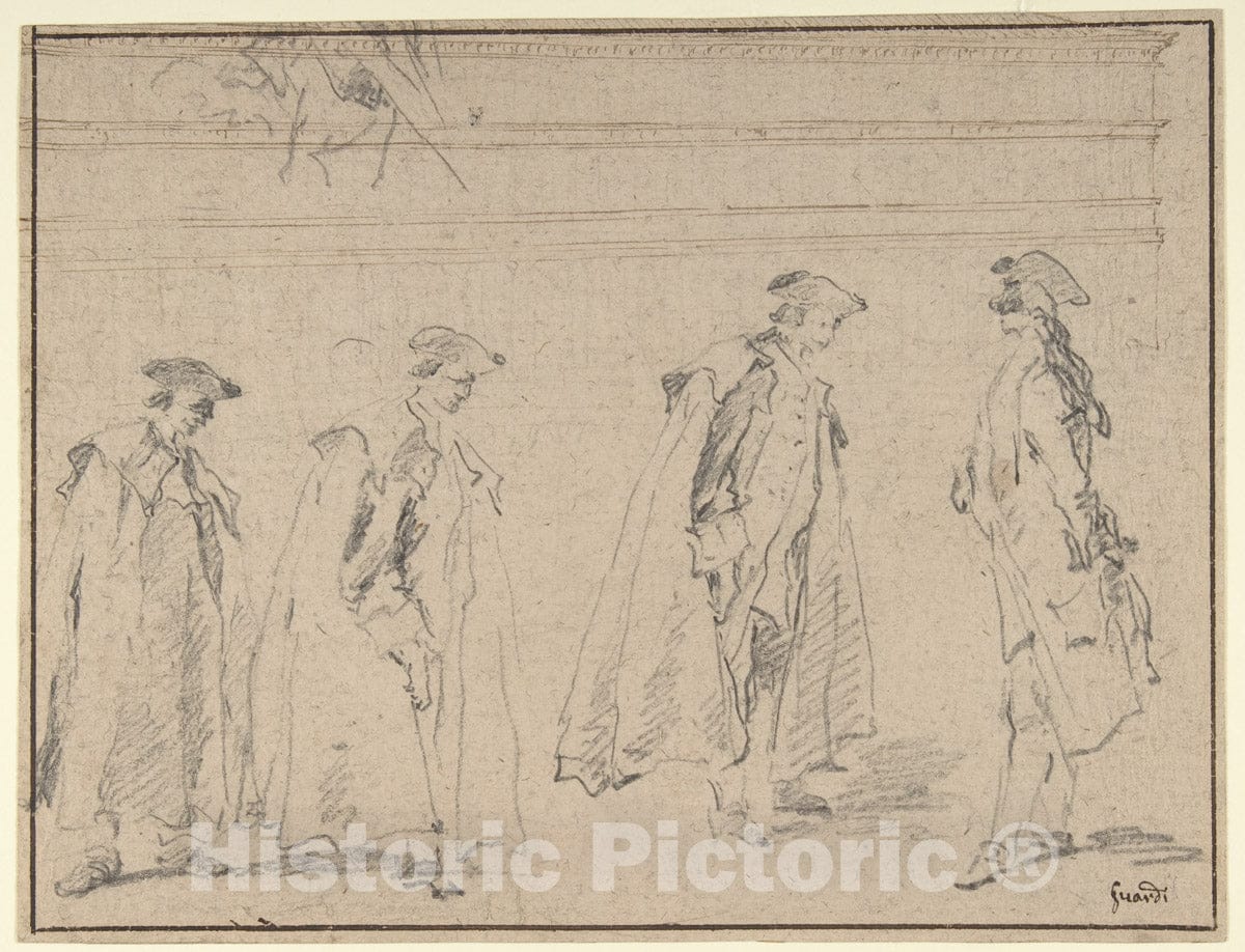 Art Print : Francesco Guardi - Figure Studies (Recto); Figures Along a Canal and on a Bridge; to The Right, a Curtain and a Stool (?) (Verso) : Vintage Wall Art
