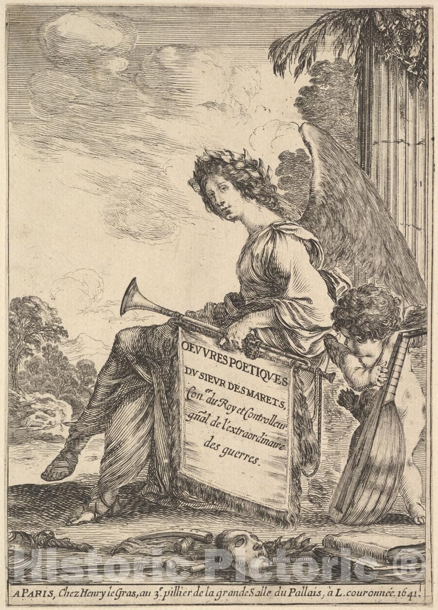 Art Print : Frontispiece for 'Poems by Desmarets' - Artist: Stefano Della Bella - Created: 1641 : Vintage Wall Art