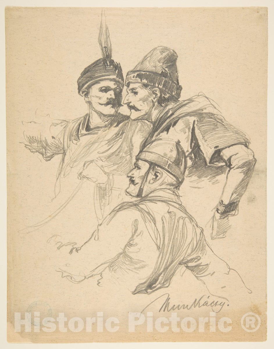 Art Print : Mihály Munkácsy - Study of Three Men, Bust Length : Vintage Wall Art