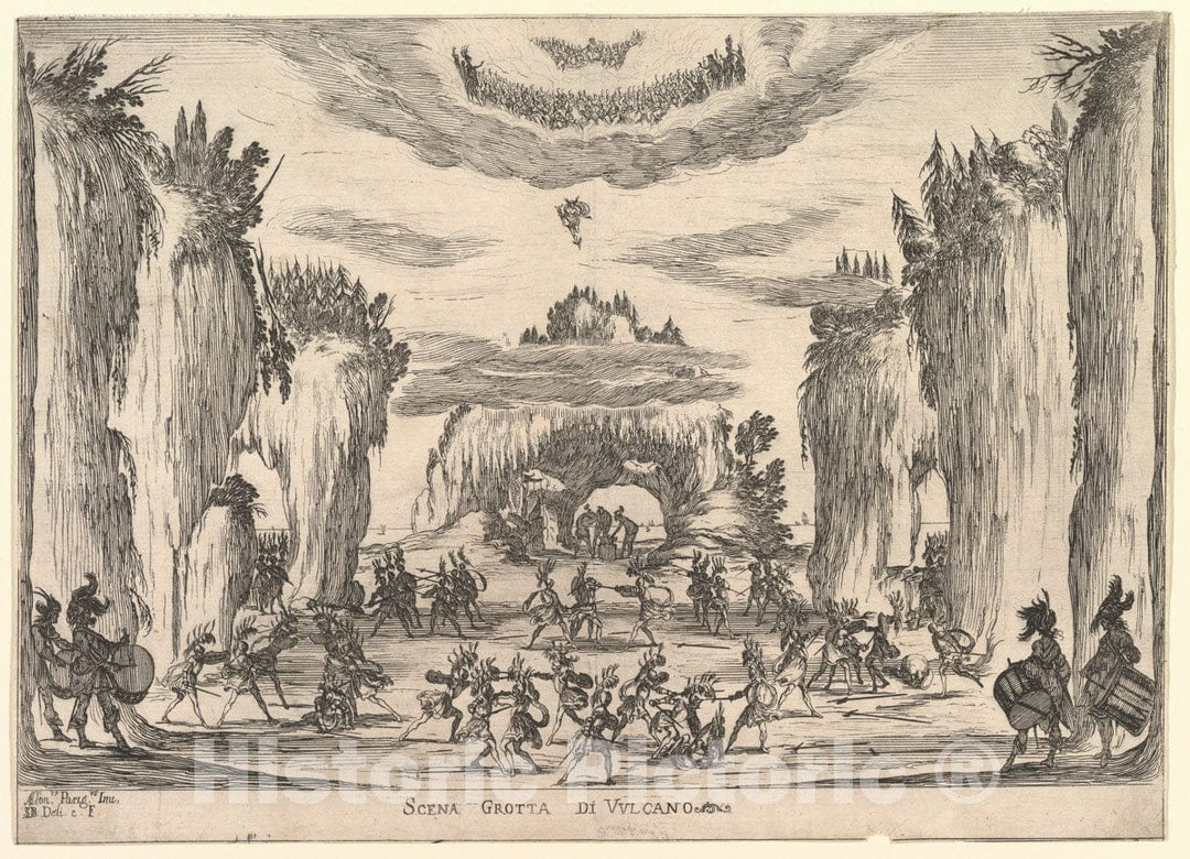 Art Print : Stefano Della Bella - Grotto Scene with Vulcan, from 'The Marriage of The Gods' (Le nozze Degli Dei) : Vintage Wall Art